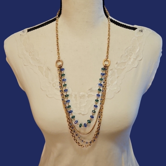 VTG AVON NWT Multi-chain Blue and Green Beaded Layered Necklace - Picture 1 of 6